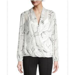 Milly Paula White Black Sketched Iris Floral Print Draped Cross Front Top Size M